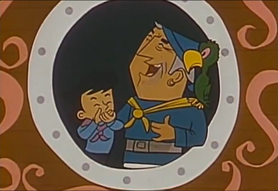 Jim Hawkins and Long John Silver laughing together.